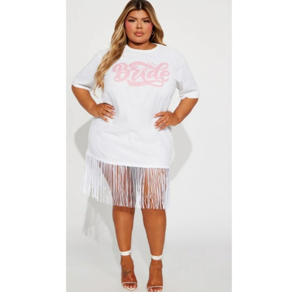 NWT White & Pink Bride Sequin Fringe Mini Dress & Veil Sz 2X